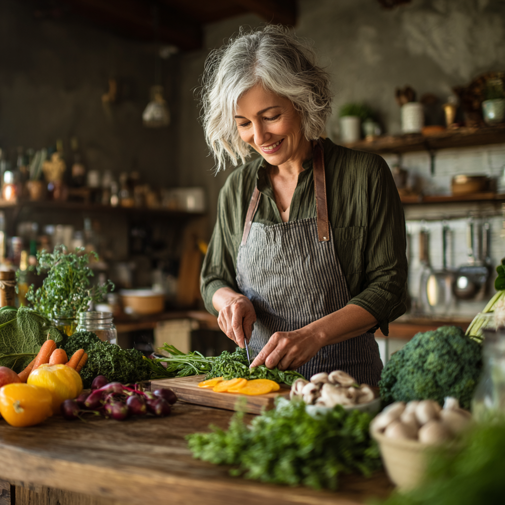 middle-aged woman preparing healthy meal with fresh vegetables and fruits